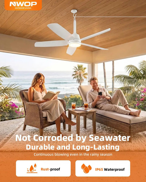 NWOP 28 Inch Plug-In Outdoor Ceiling Fan with Light and Remote, Waterproof Small Ceiling Fan for Patio Porch Balcony, in a cozy outdoor setting.