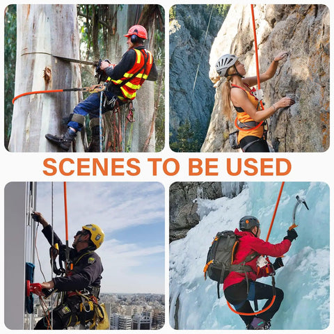 Various uses of 8ft Galvanized Steel Wire Core Flipline Lanyard Kit for Arborist Climbing and Fall Protection shown in action.