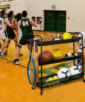 Heavy Duty Basketball Storage Rack With 3 Shelves And Rolling Wheels Beast Steel Stand in gym with balls and equipment