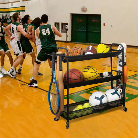 Heavy Duty Basketball Storage Rack With 3 Shelves And Rolling Wheels Beast Steel Stand in gym with balls and equipment