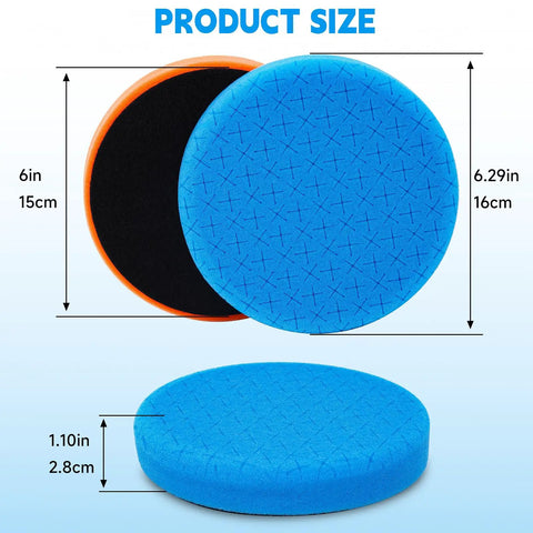 Six Inch Buffing Polishing Pad Kit With Wool Pads And M14 Drill Adapter, Includes Five 6 Inch Color Coded Pads, image of blue and orange pads with measurements