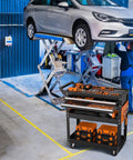 Beefy 5 Tier Rolling Tool Cart On Wheels With Heavy Duty 400 Lbs Capacity Metal Mechanic Tool Cart Featuring Lockable Drawers And Side Pegboards in a garage workshop setting.