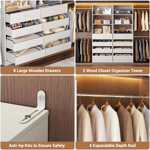 Slick Modular Closet System With Twelve Roomy Drawers And Four Heavy Lifting Rods Adjustable From Eight Point Five To Eleven Point Five Feet For Zero Hassle Bedroom Organization Super Simple Fast Assembly Setup, featuring 8 wooden drawers and 4 rods.