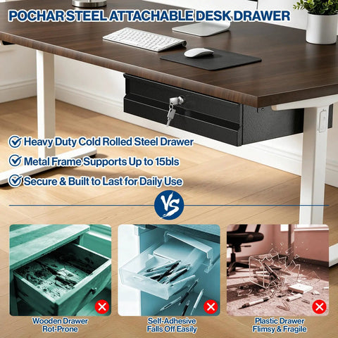 Heavy Duty Cold Rolled Steel Under Desk Drawer With Secure Lock And Slick Slide Out Tracks For Boss Level Paperwork And Tech Accessory Organization At Your Desk Station.