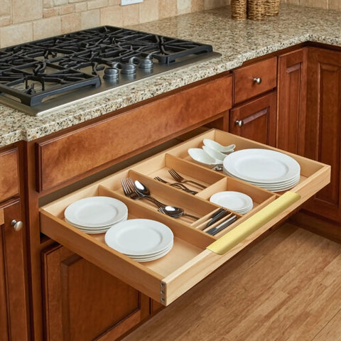 Open drawer with 10 pack brushed gold finger pulls for cabinets and drawers, 11.81 inch edge pulls, concealed mount, modern aluminum.