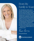 A smiling person with text about bone health by Pure Micronutrients. Includes a testimonial by Tessa Sanos, Clinical Nutritionist.