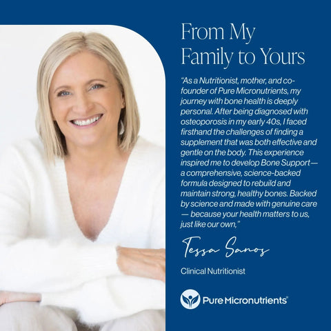 A smiling person with text about bone health by Pure Micronutrients. Includes a testimonial by Tessa Sanos, Clinical Nutritionist.