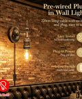 Steampunk Plug in Wall Sconces Set of Two, Wall Lamp Industrial, Rustic Wall Light Fixture with 220CM cable and inline switch.