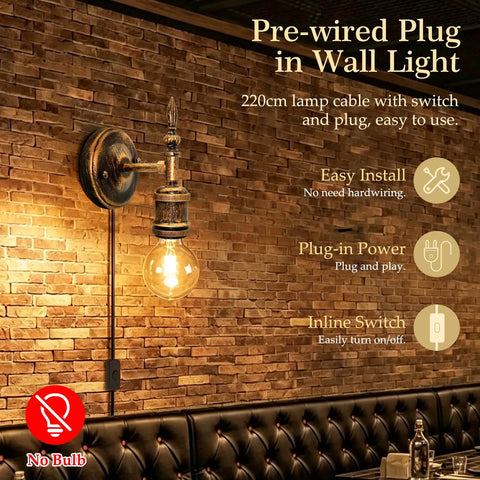 Steampunk Plug in Wall Sconces Set of Two, Wall Lamp Industrial, Rustic Wall Light Fixture with 220CM cable and inline switch.