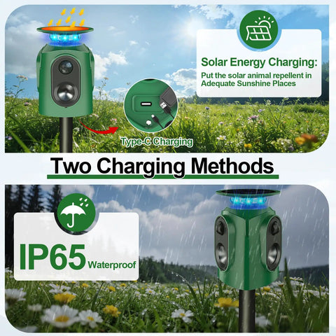 Solar Ultrasonic Animal Repeller With 360 Degree Detection And Motion Sensor IP65 Waterproof Outdoor Yard Guard To Keep Critters At Bay From Your Garden And Lawn, solar panel and Type-C charging