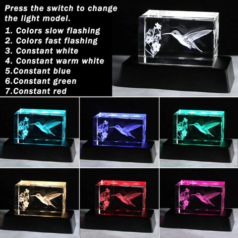Crystal Hummingbird Laser Engraved 3D Figurine Gift For Her And Him, Dope K9 Crystal Display With Colorful LED Base in various colors
