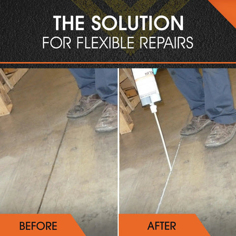 Polyflex DS Asphalt Crack Sealer Kit With Gun applied on concrete floor, before and after sealing.