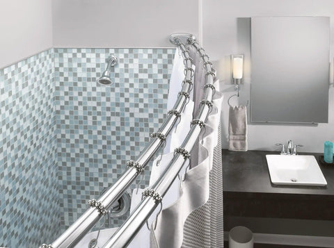 Chrome 60 Inch Adjustable Double Curve Shower Rod For 5 Foot Tubs Stainless Steel Easy Install Curved Design Tension Bar For Shower Curtain Modern Bathroom Accessory DN2141CH installed in bathroom with tile background.