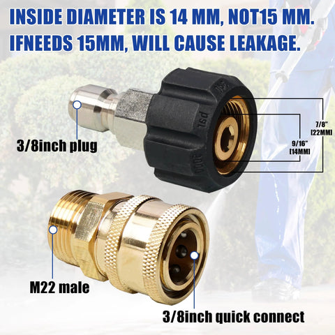 Hourleey pressure washer quick-connect fittings set, brass M22 to 3/8-inch adapters, 2-pack (close-up view).