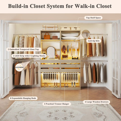 Real Game Changing Modular Closet System Set Of Two Expands From Six To Ten Feet Wide With Six Wooden Drawers and LED glass top.