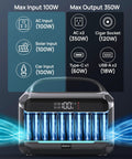 350 Watt Portable Power Station With 600 Watt Surge And 288 Wh Battery Pack showing input and output specs for off-grid use.