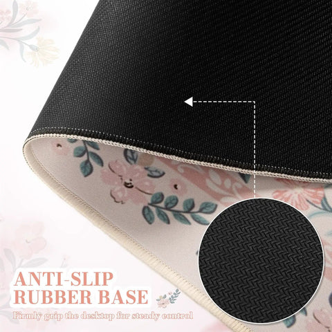 Close-up of Pink Floral Desk Pad showing anti-slip rubber base and stitched edges, XXL Large Mouse Pad For Aesthetic Office Setup.