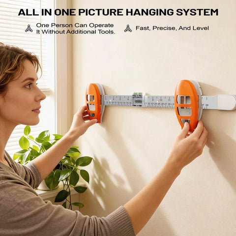 Woman using All In One Picture Hanging Tool That Levels Dead Straight No Sweat Accurately Marks Nail Spots For Frames on wall.