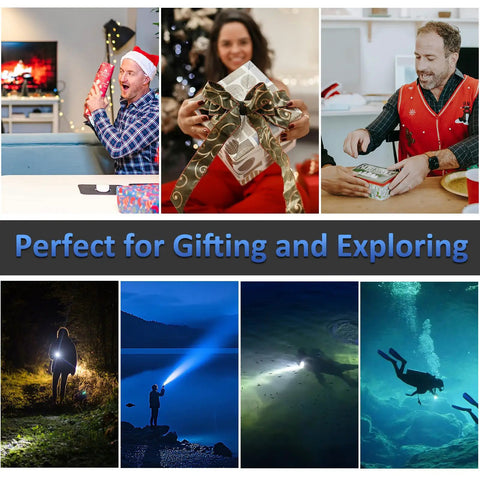 Collage featuring gift giving and outdoor exploration with Beast Mode Underwater Dive Light With 10W LED and scuba activities.