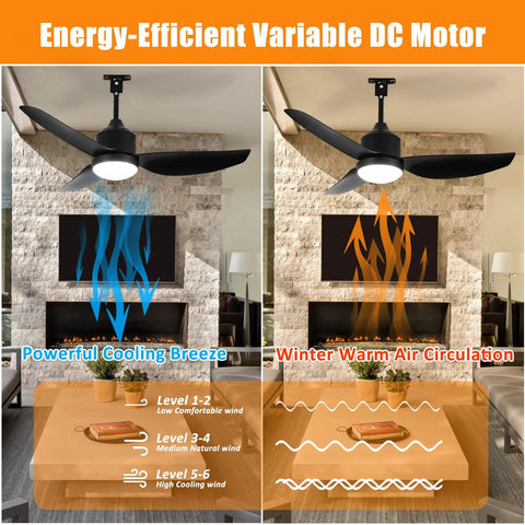 42 Inch Outdoor Ceiling Fan With Light Black Waterproof Gazebo Hangin Fan For Patios And Porches Remote And App Control Plug In 6 Speed Reversible DC Motor Weatherproof For Indoor And Outdoor Use Easy Install showing cooling and heating functions with airflow diagrams in living room setting.