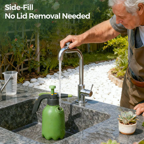 Man refilling Half Gallon Hand Pump Sprayer For Home Garden Chores And Household Care With Easy Side Fill Port in a garden sink