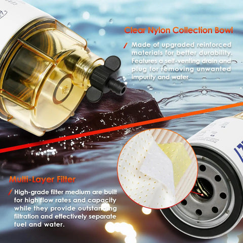 Marine Outboard Fuel Filter Water Separator With Clear Bowl Assembly highlighting nylon bowl and multi-layer filter