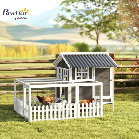 Spacious Outdoor Chicken Coop With Run For 1 To 2 Chickens, Weatherproof Hen House With Nesting Box And Removable Tray, gray wood.