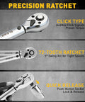 All In One Pro Grade Spark Plug Socket Set With Three Eighths Inch Drive Magnetic Swivel Sockets And Torque Wrench showing ratchet features