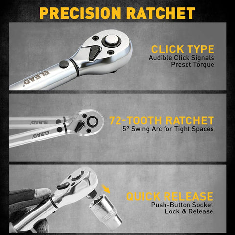 All In One Pro Grade Spark Plug Socket Set With Three Eighths Inch Drive Magnetic Swivel Sockets And Torque Wrench showing ratchet features