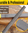 Rugged Workhorse Three Piece Wood Rasp File Set Featuring Round Half Round And Flat Profiles For Quick Shape Ups on wood surface.