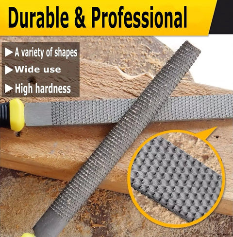 Rugged Workhorse Three Piece Wood Rasp File Set Featuring Round Half Round And Flat Profiles For Quick Shape Ups on wood surface.