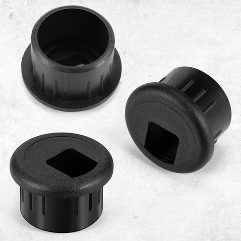 10 Pack Desk Grommets Plastic Cable Hole Covers For Wire Management Black 1 Inch Grommets, three grommets on textured background