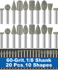 20 Pieces 60 Grit Diamond Grinder Bits Set With 10 Head Shapes For Dremel Rotary Tool One Eighth Inch Shank Compatible Grinding Burrs