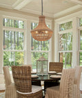 Rustic Hemp Rope Pendant Light With Handwoven Shade 3 Light Vintage Style Chandelier in dining room with wicker chairs