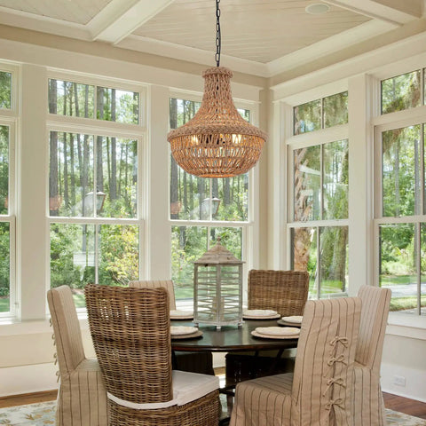 Rustic Hemp Rope Pendant Light With Handwoven Shade 3 Light Vintage Style Chandelier in dining room with wicker chairs