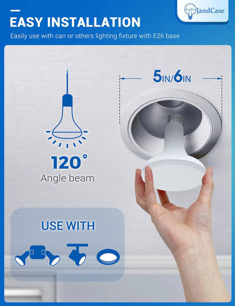 Installing BR30 LED Flood Light Bulbs 11W Low Power into recessed ceiling can, illustrating 120° beam angle and compatibility.