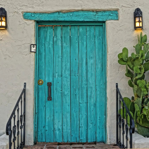 Rustic blue wooden door with Black Cast Iron Barn Door Handles Rustic Heavy Duty Gate Pulls 7 Inch Sliding Door Hardware visible.