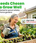 Woman watering plants in garden, promoting 11 Heirloom Vegetable And Fruit Seeds Pack For Home Garden, Non GMO Open Pollinated Variety.