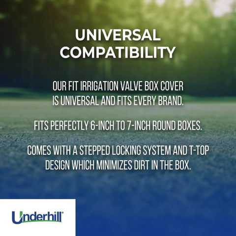 Text highlighting universal compatibility for VersaLid Round Sprinkler Valve Box Cover 6 To 7 Inch Universal Fit