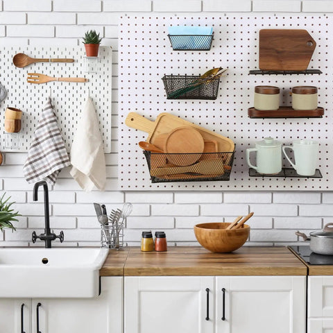 Kitchen with Six Piece Pegboard Baskets Set Wall Mount Wire Pegboard Baskets in Three Sizes, organized with tools and crafts.