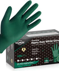 TitanFlex heavy-duty nitrile glove in dark green with raised diamond grip beside a 100-count XL box, front view