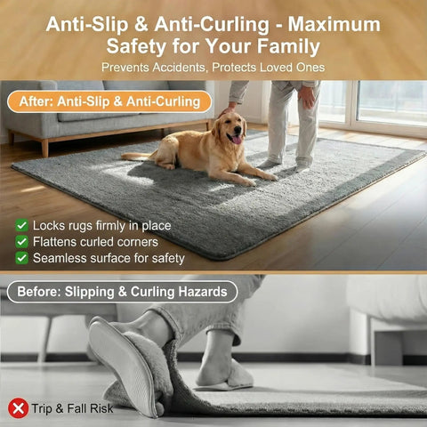 Image showing 'before' and 'after' of using Rug Corner Grippers 12 Pack With Triangle And Trapezoid Designs on a living room rug.