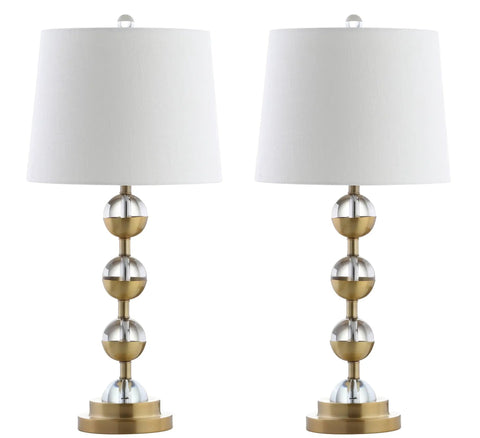 Clear Brass Gold Crystal LED Table Lamps Set of 2, Modern Stacked Sphere Lamps With White Linen Drum Shade, Energy Saving LED Bulbs Included