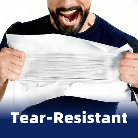 Person demonstrating tear resistance of 100 Pack 10x13 Poly Mailers For Ecommerce Shipping Waterproof Tear Resistant Self Seal Bags