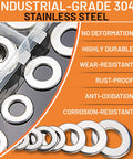 Front view of stainless steel flat washers assortment kit; SAE 304, assorted sizes