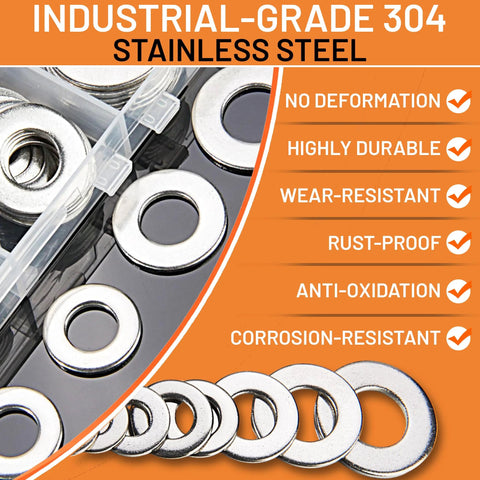 Front view of stainless steel flat washers assortment kit; SAE 304, assorted sizes