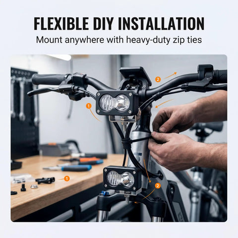 Installation of Beast 20W LED Ebike Headlight With 6500K White Yellow Beam IP76 Waterproof Universal 12V-60V