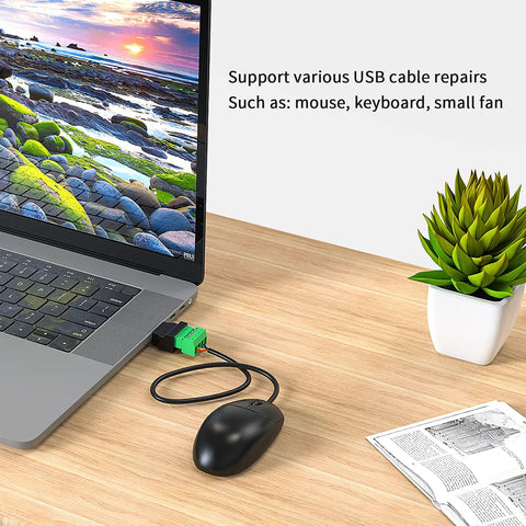 Laptop connected with Solderless USB Two Point Zero Connectors DIY Adapter Kit With Plug And Play Screw Terminal Block For USB Cable Type A Converter Pluggable Repair Kit Includes Male And Female Ends For Easy Cable Extension And Quick Fixes displayed on desk with mouse.