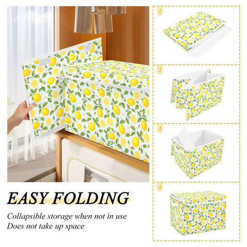 Heavy Duty Foldable Storage Bin With Secure Snap Lid And Wide Grip Handles For Bedroom Closet Organization Zero Clutter Space Saving Collapsible Fabric Container in yellow lemon design.