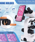 40X To 2500X Binocular Microscope For Adults And Kids With Mechanical Stage And Slides Kit And Phone Holder shown in use